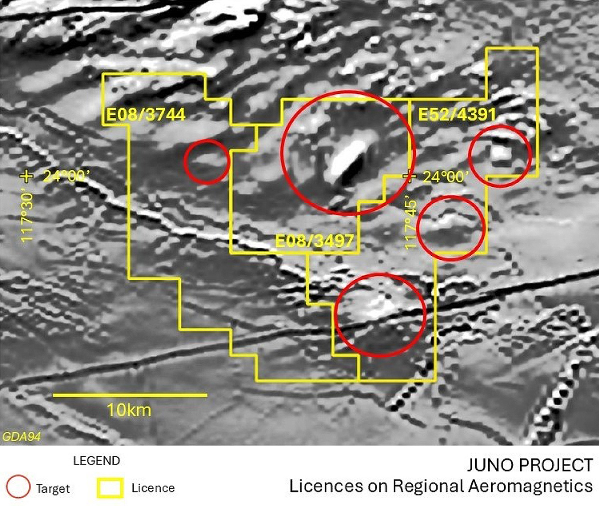 Juno project gold exploration magnetic feature - radar images - licences on regional aeromagnetics Juno project gold exploration magnetic feature - radar images - licences on regional aeromagnetics