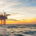Offshore Oil Exploration – PEL0094 License, Namibia Offshore oil rig off Namibia’s coast, part of GEO Exploration’s PEL0094 license in the Orange Basin for hydrocarbon exploration.