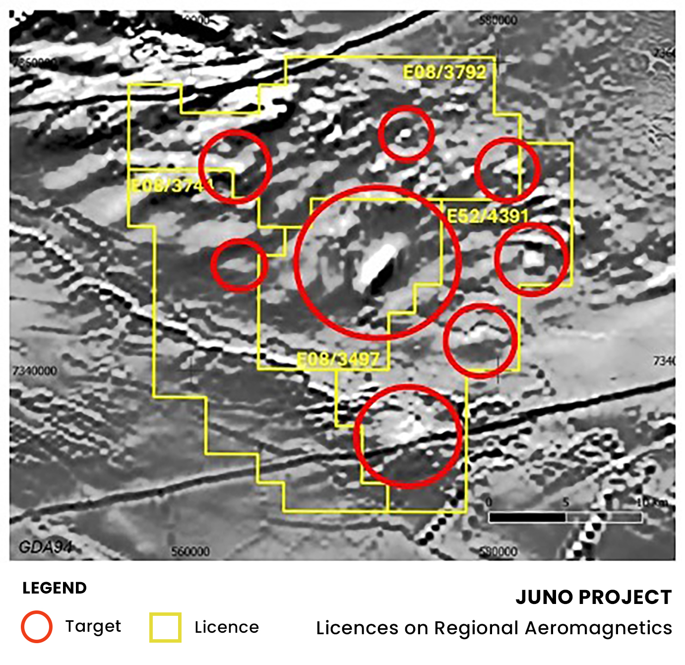 Juno project gold exploration magnetic feature - radar images - licences on regional aeromagnetics